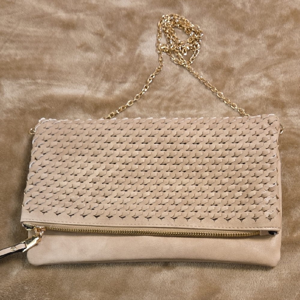 Elegant MultiPocket Beige Clutch with Gold Chain